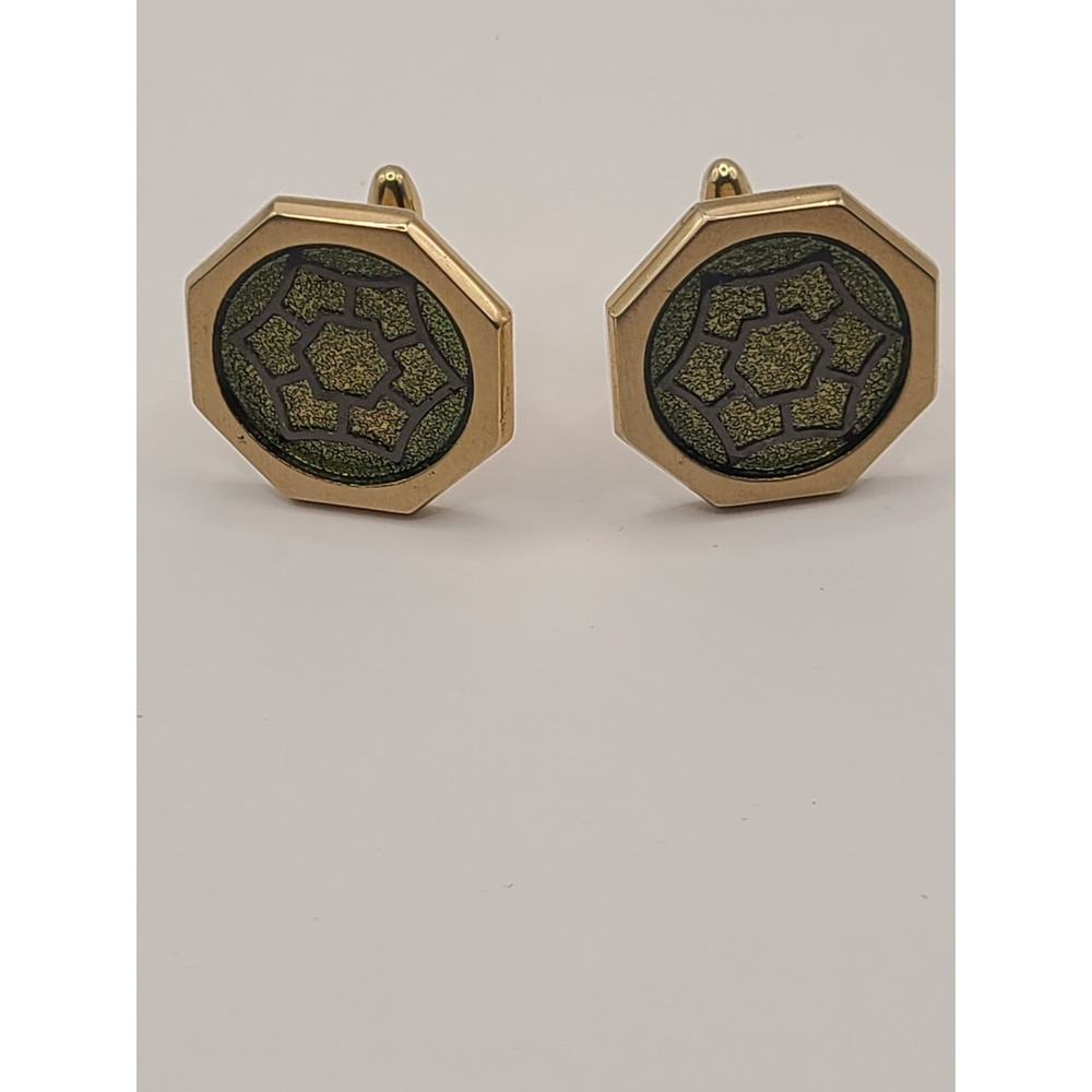 Vintage Hickok Signed Octagonal Cufflinks Gold Tone Green Enamel Mid-Century